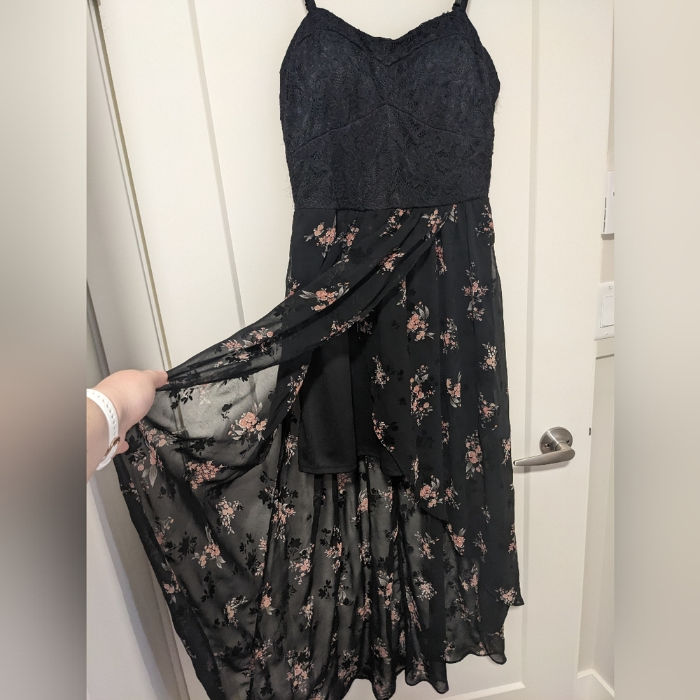 Black with floral patterned skirt, high low dress